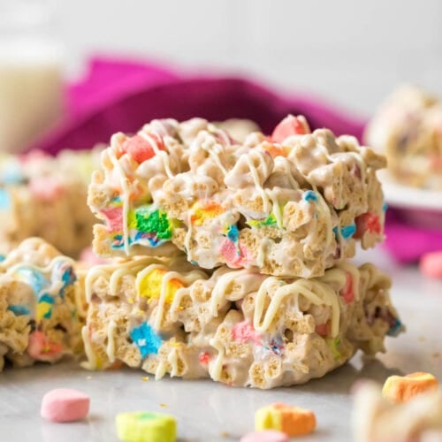 Two lucky charms treats stacked on top of each other.