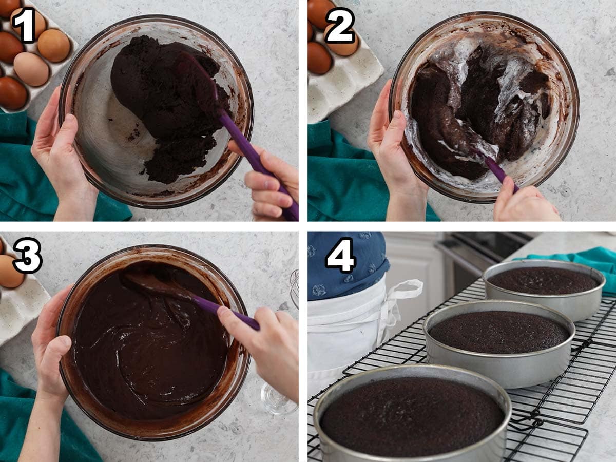 Four photos showing dark chocolate cake layers being prepared.