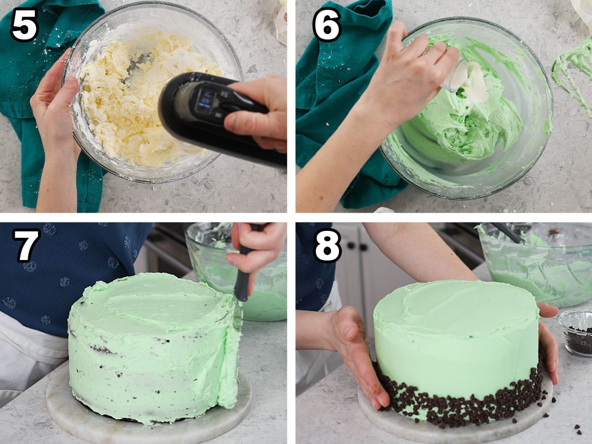 Four photos showing mint buttercream being prepared and smoothed over a chocolate cake.