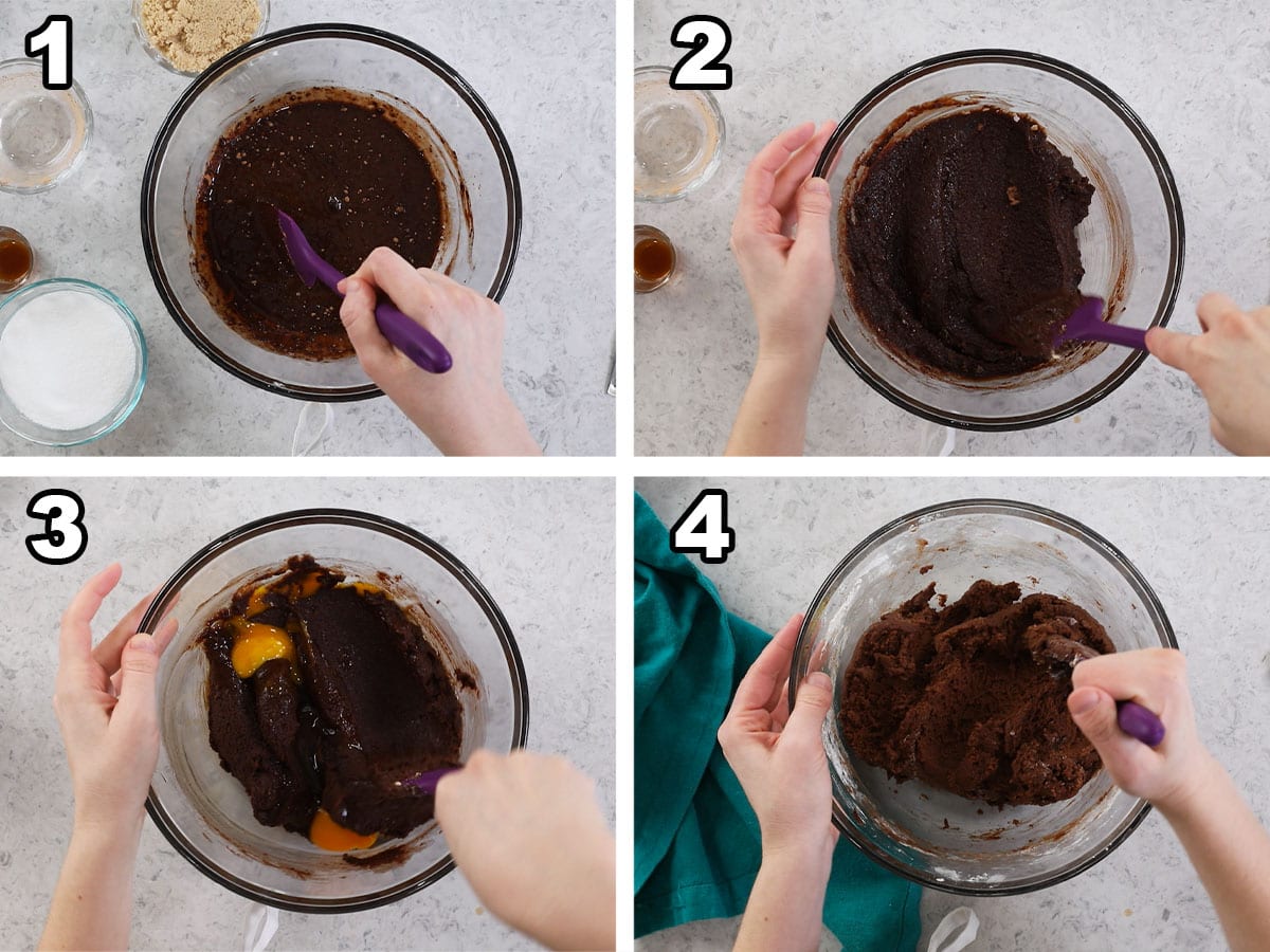 Collage of four photos showing chocolate cookie dough being prepared.