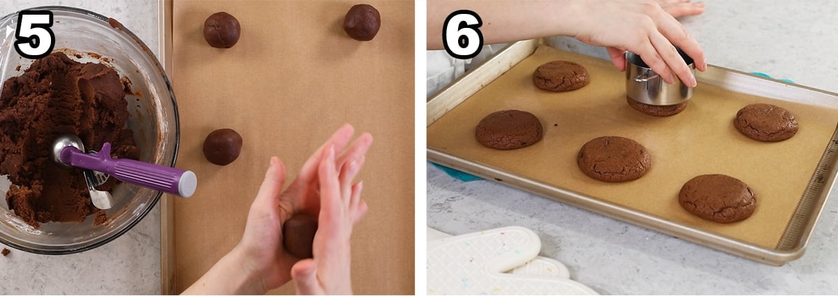 Two photos showing chocolate cookie dough being rolled and flattened after baking.