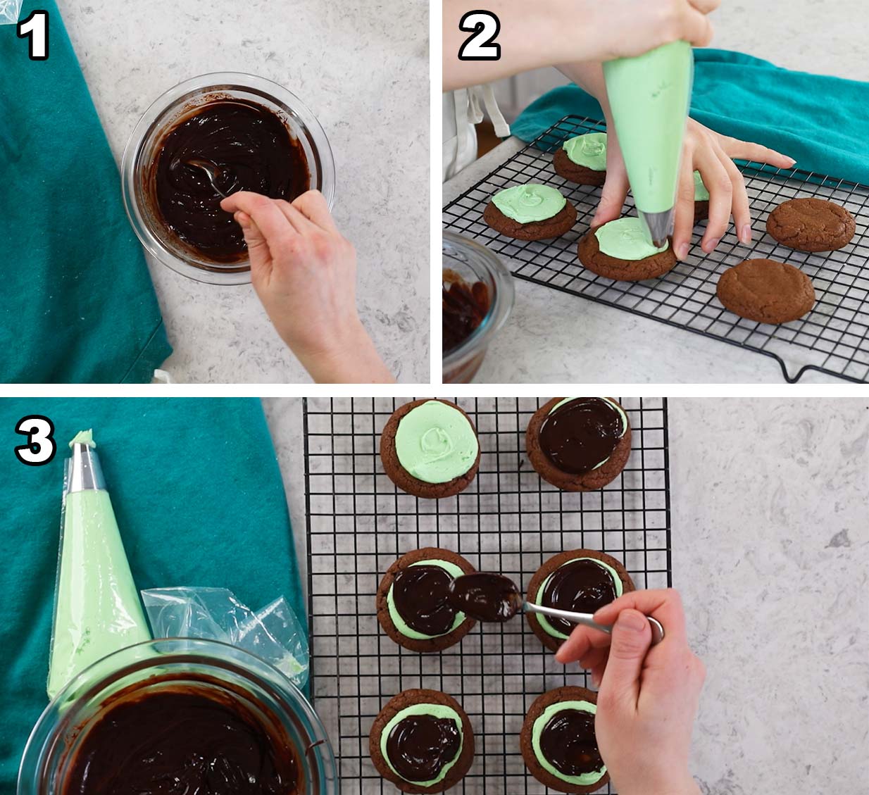 Three photos showing chocolate ganache being prepared, mint frosting being added to chocolate cookies, and ganache being spooned overtop.