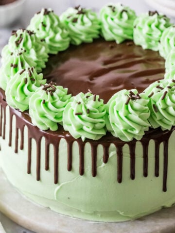 Mint chocolate cake decorated with mint green frosting, chocolate ganache drip, and piped icing swirls.
