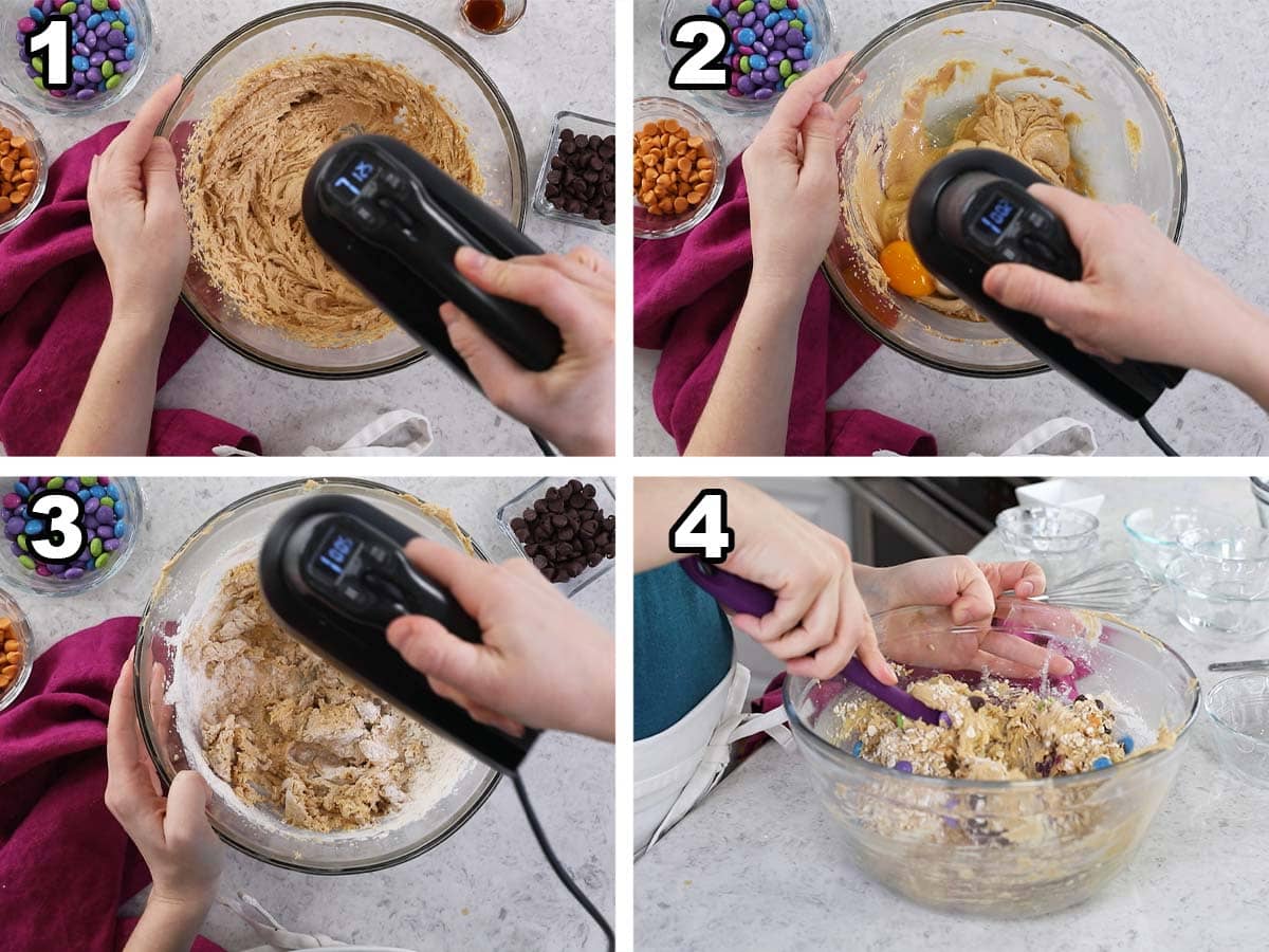 Four photos showing cookie dough being prepared and combined with oats, chocolate chips, coated candies, and butterscotch chips.