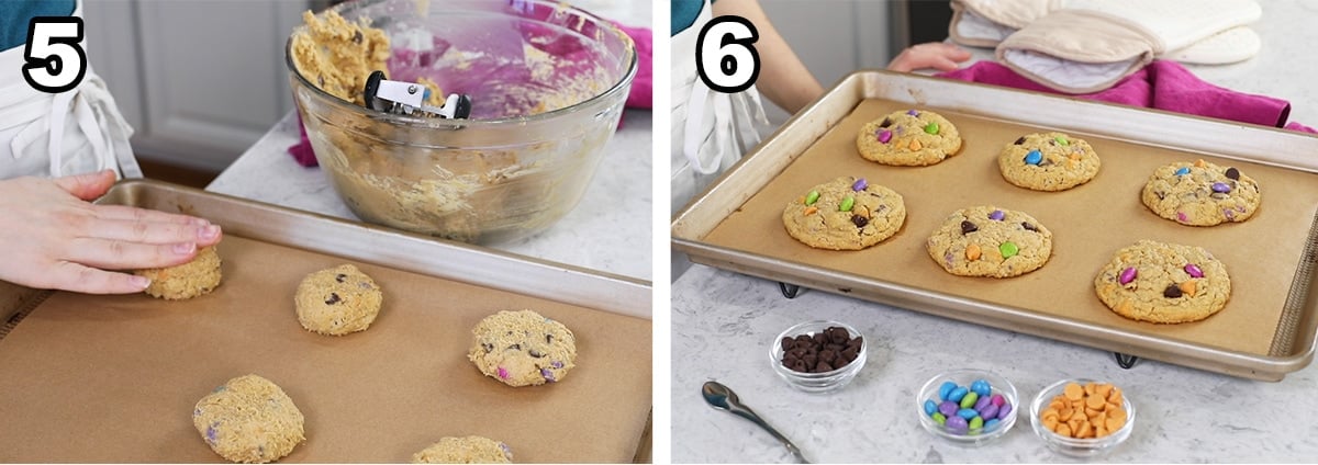 Two photos showing monster cookie dough before and after baking.