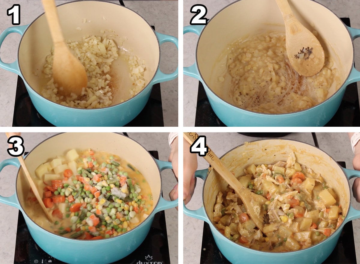 Four photos showing Pot pie filling being made