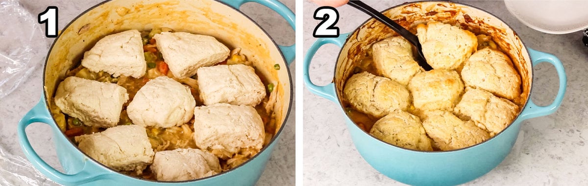 two photos of pot pie being assembled in dutch oven