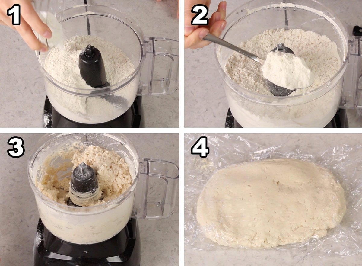 Four photos showing dough being made in food processor