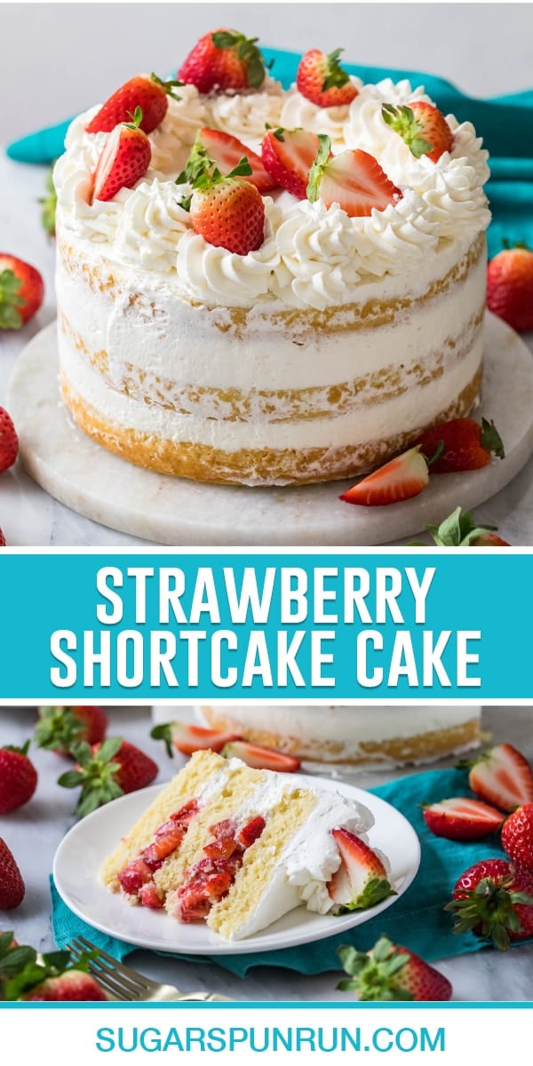 collage of strawberry shortcake cake, top image of full cake, bottom image of single slice on white plate