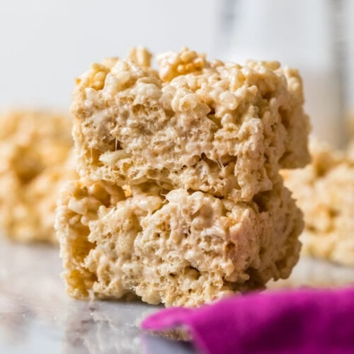 Two brown butter rice krispie treats stacked on top of each other.