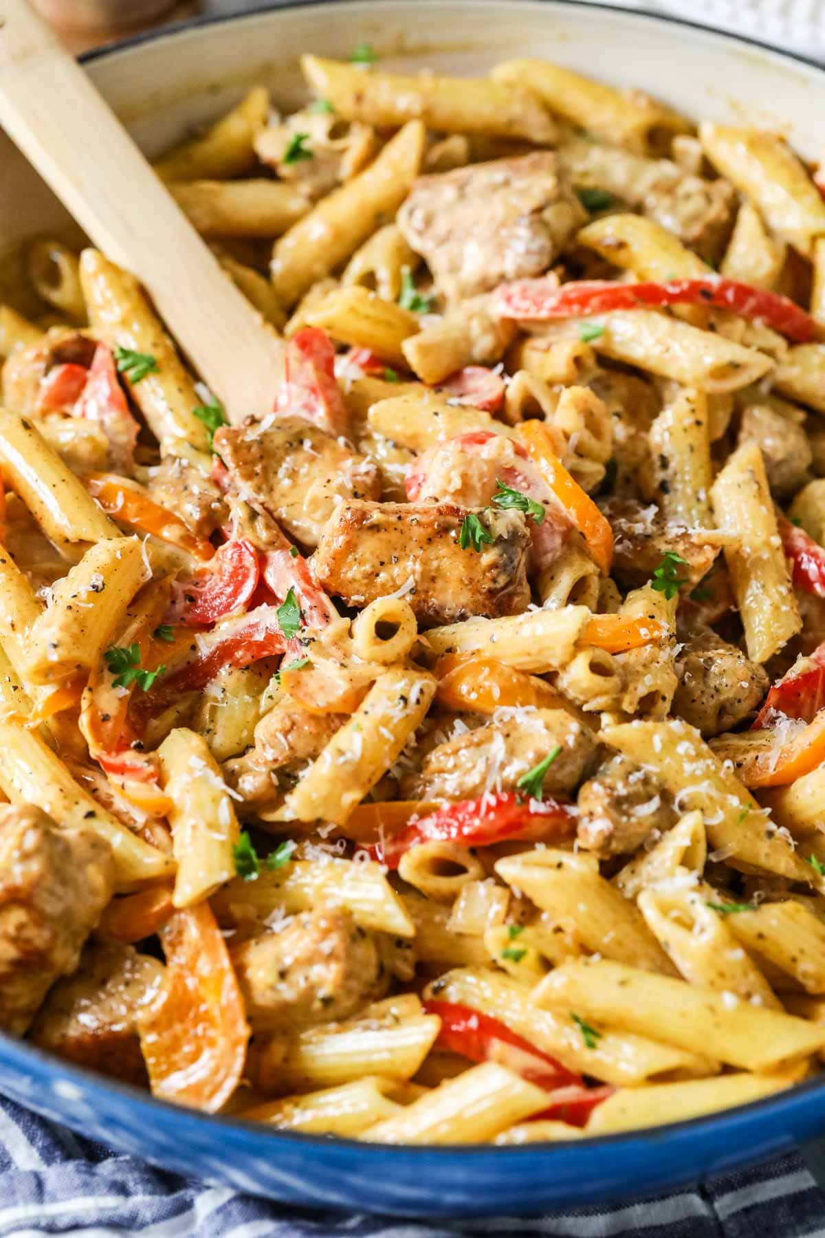 Close-up view of creamy cajun chicken pasta.