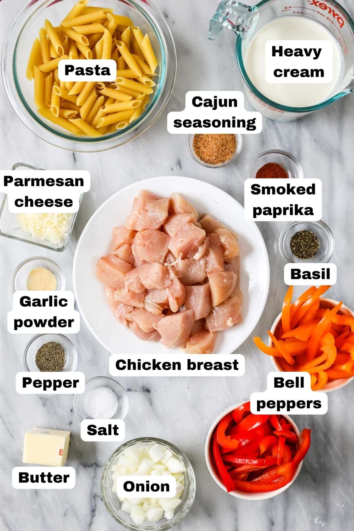 Overhead view of labelled ingredients including chicken, bell peppers, pasta, and more.