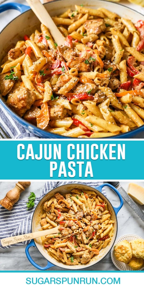 collage of cajun chicken pasta, top image of pasta close up in pot with wooden spoon, bottom image same pot photographed from above