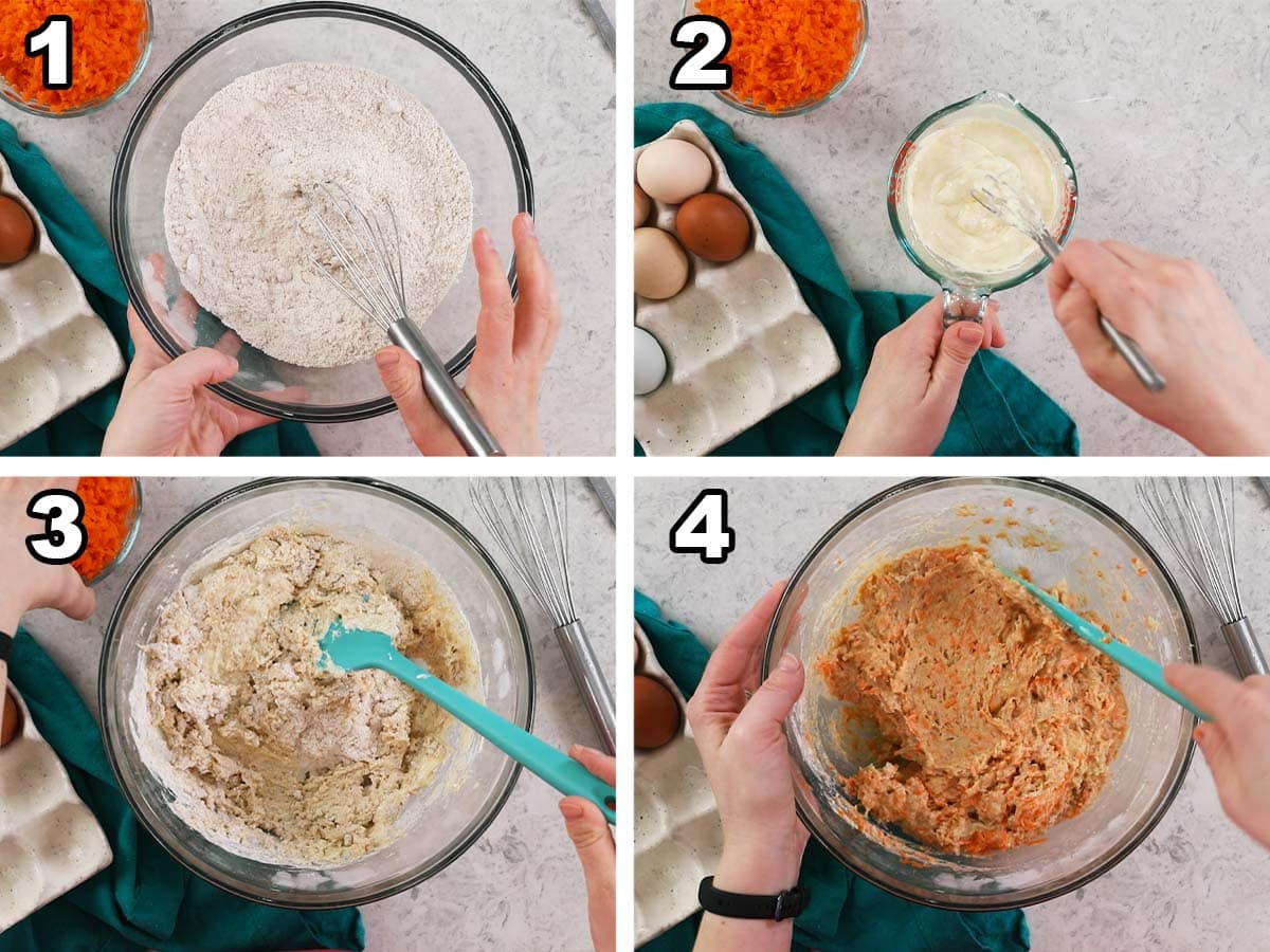 Collage of four photos showing muffin batter being prepared and combined with shredded carrots.