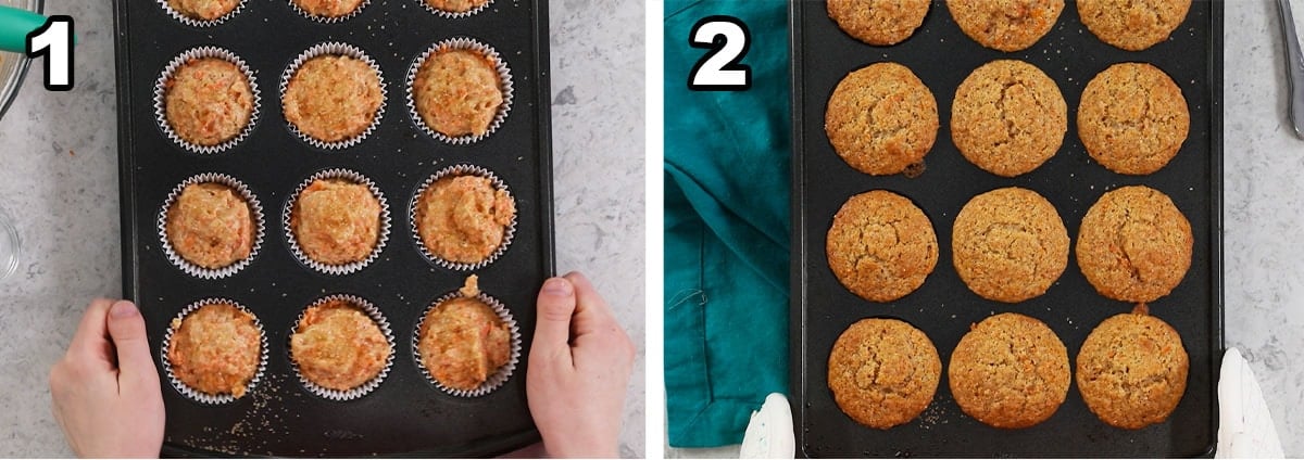 Collage of two photos showing carrot muffins before and after baking.