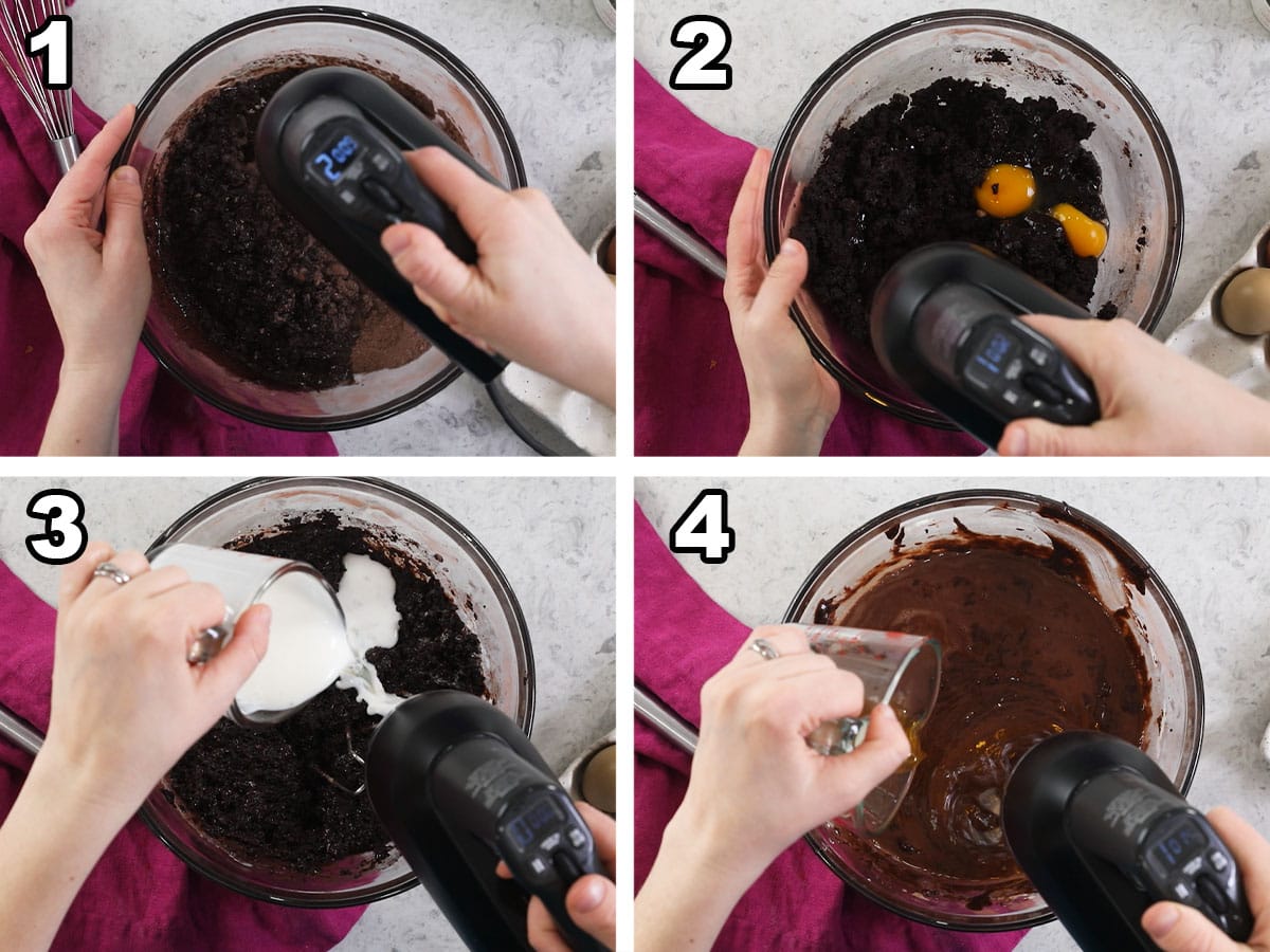 Four photos showing chocolate cake batter being prepared.