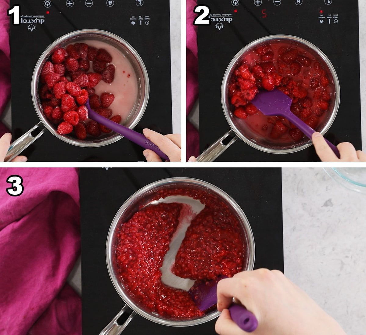 Three photos showing raspberry cake filling being prepared.