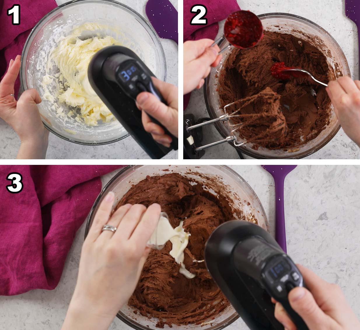 Three photos showing chocolate cake batter being prepared.