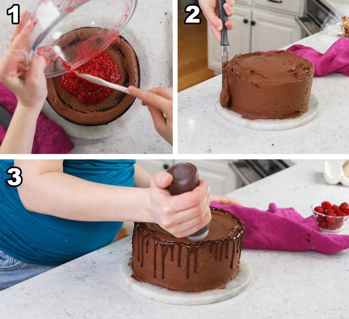 Three photos showing a chocolate cake being filled with raspberry cake filling, frosted with chocolate frosting, and decorated with a ganache drip.