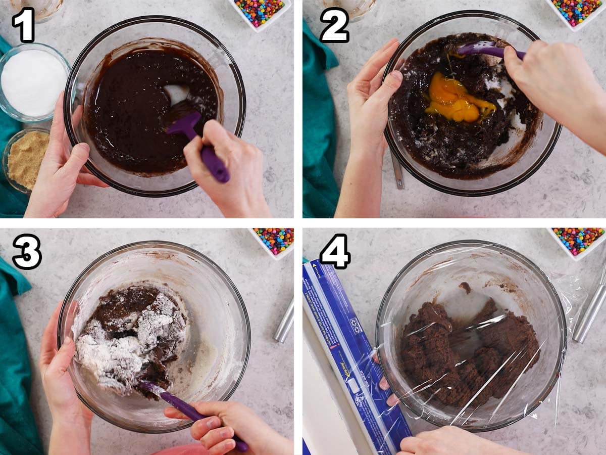 Collage of four photos showing an overhead view of chocolate cookie dough being prepared.