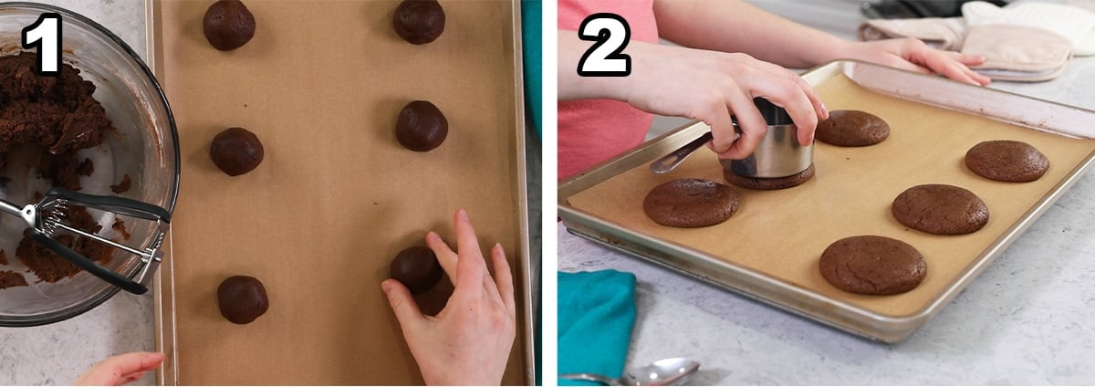 Two photos showing chocolate cookies being rolled, baked, and flattened.