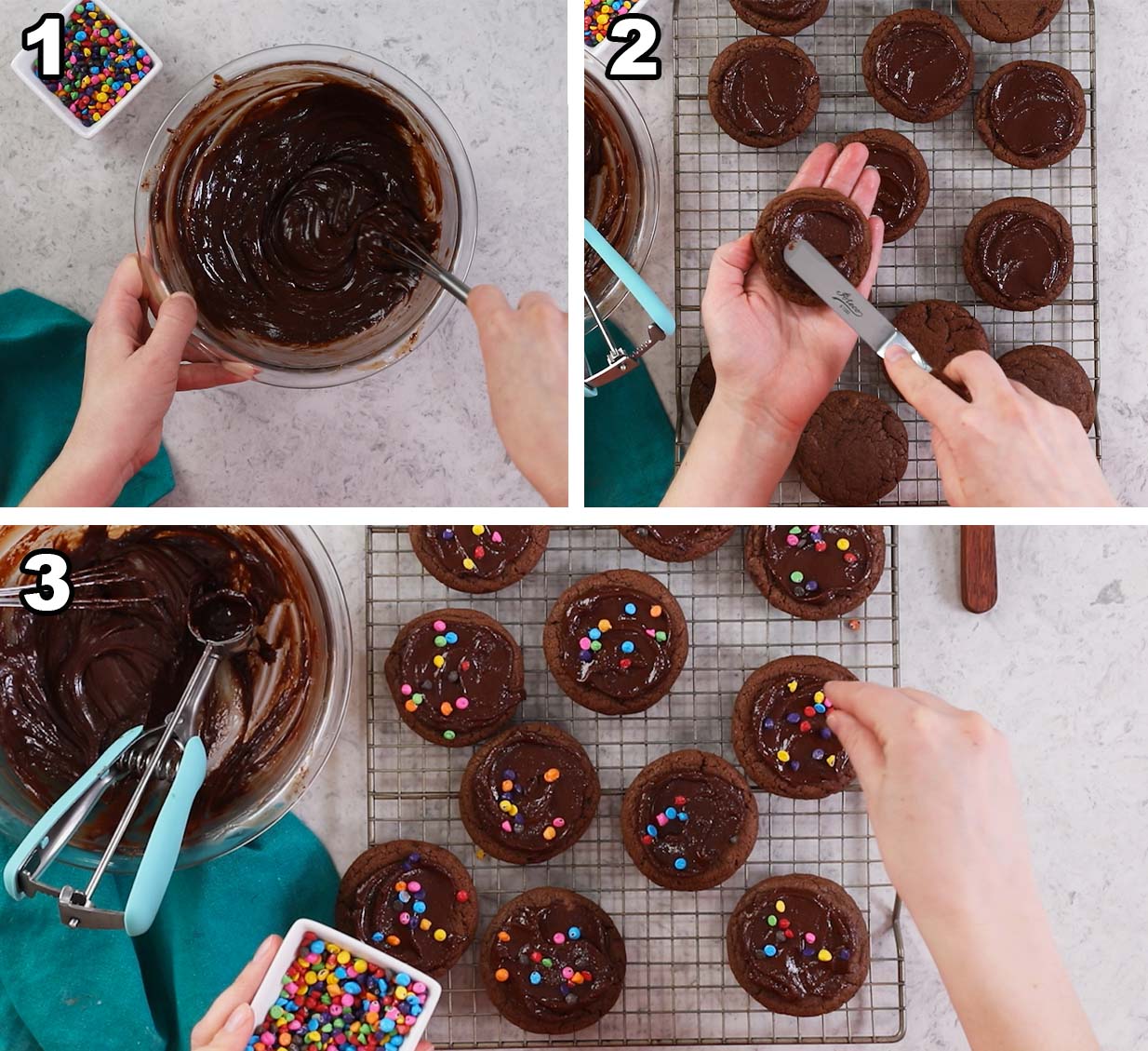 Three photos showing an overhead view of fudge frosting being prepared, spread over cookies, and topped with colorful candy pieces.