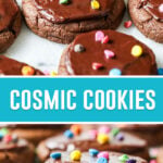 collage of cosmic cookies, top image of cookies on marble slab photographed close up and neatly spaced, bottom image of single cookie close up with bite taken out