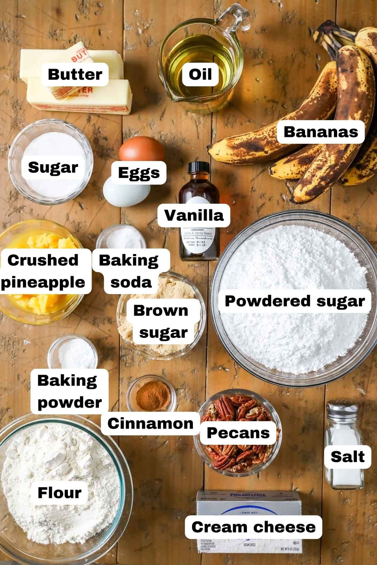 Ingredients needed to make hummingbird cake