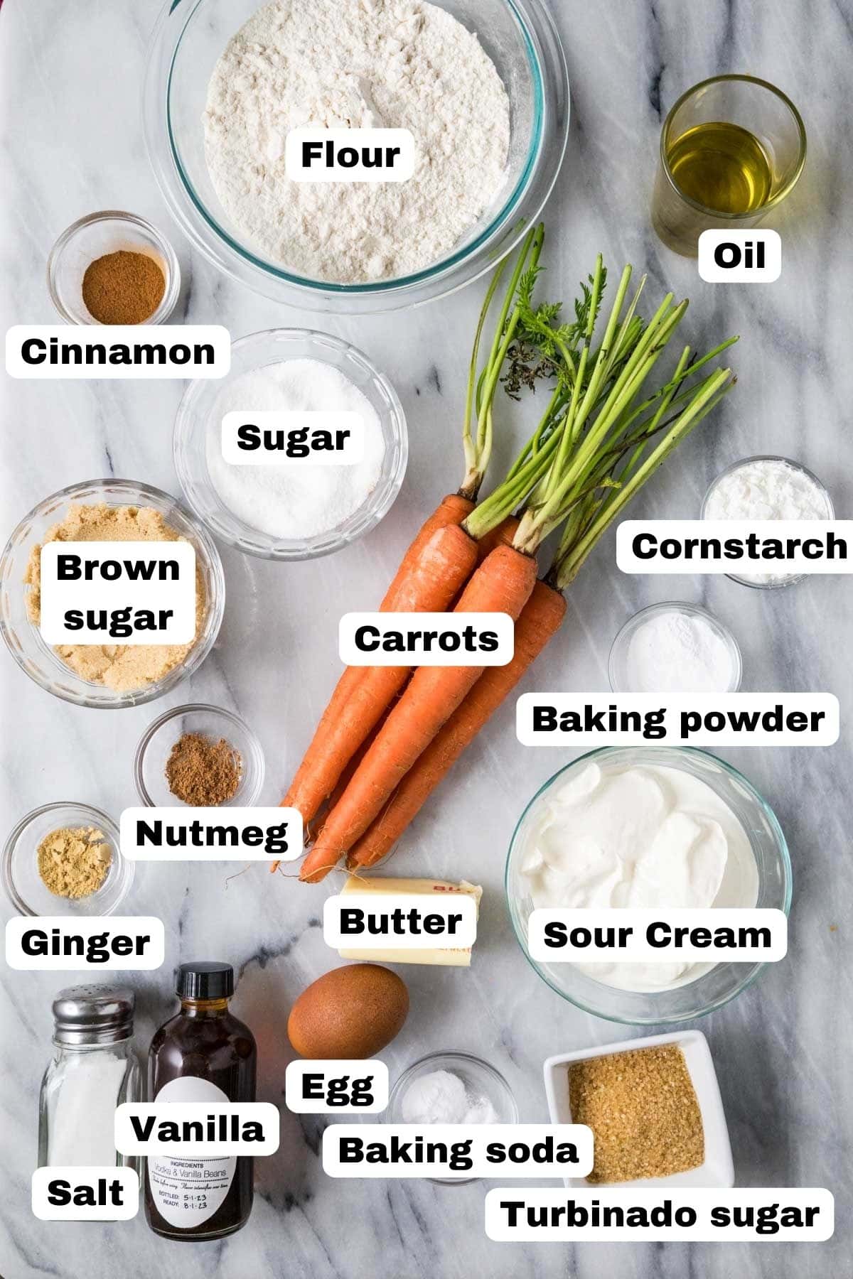 Overhead view of labelled ingredients including carrots, spices, brown sugar, and more.