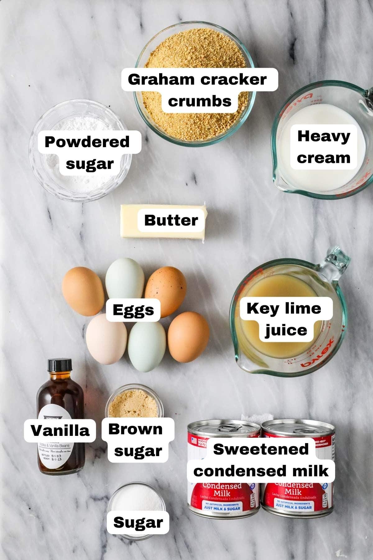 Overhead view of labelled ingredients including condensed milk, lime juice, eggs, and more.