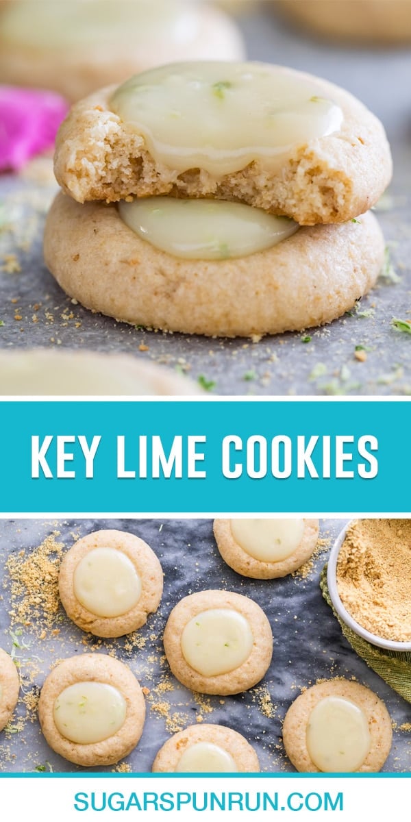 collage of key lime cookies, top image of two cookies stacked first with bite taken out, bottom image of multiple cookies spread out neatly on marble slab photographed from above