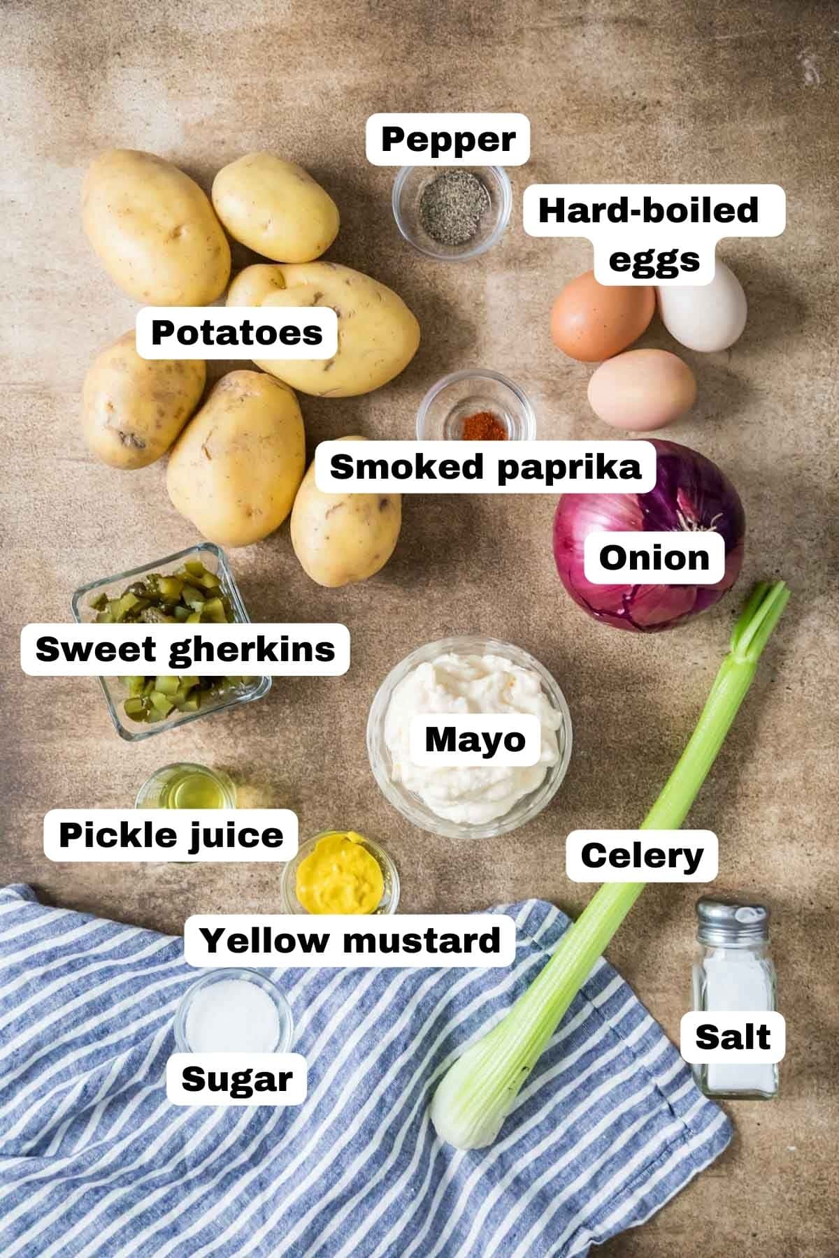 Overhead view of labeled ingredients including potatoes, red onions, celery, and more.