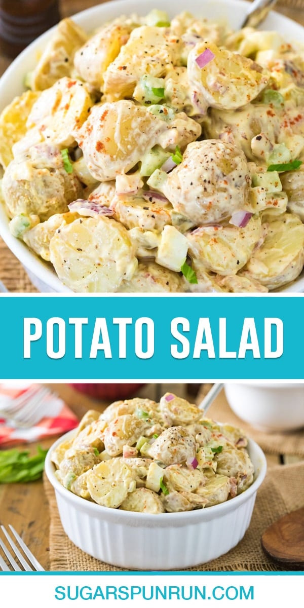 collage of potato salad, top image close up, bottom image single white bowl filled with potato salad