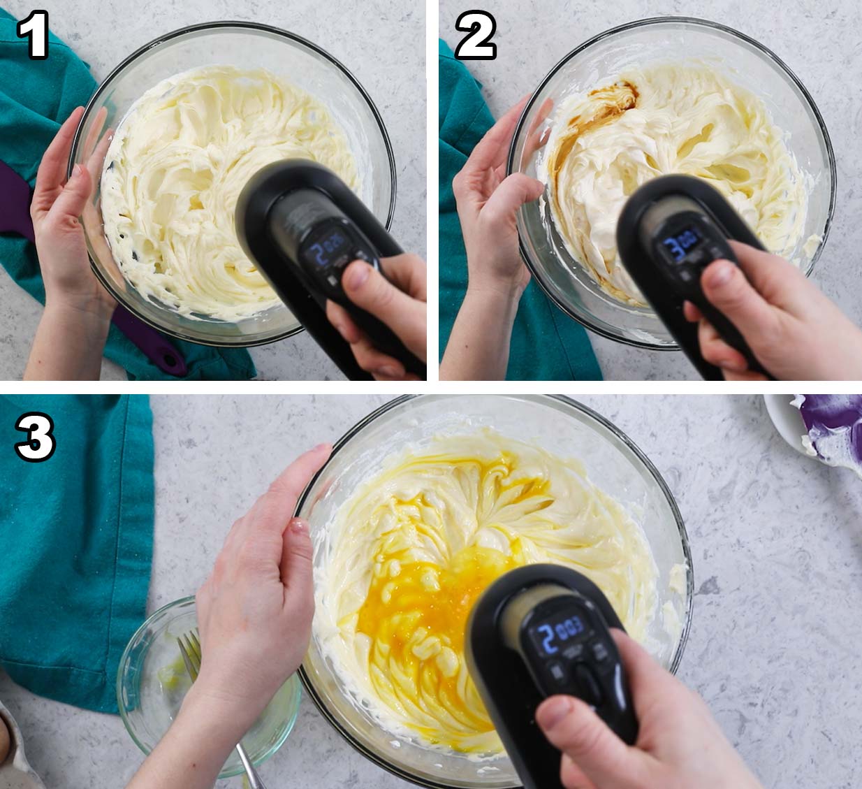 Three photos showing cheesecake batter being prepared with an electric mixer.
