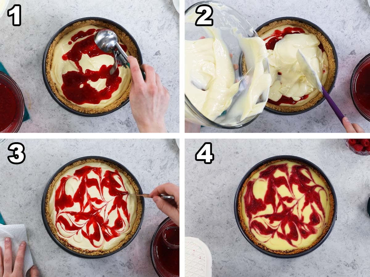 Four photos showing raspberry sauce being swirled with cheesecake batter and baked.