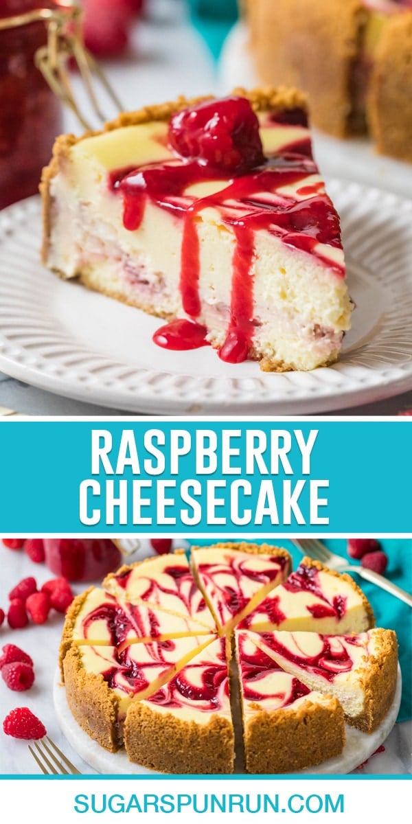 collage of raspberry cheesecake, top image of single slice of cheesecake, bottom image of full cheesecake sliced