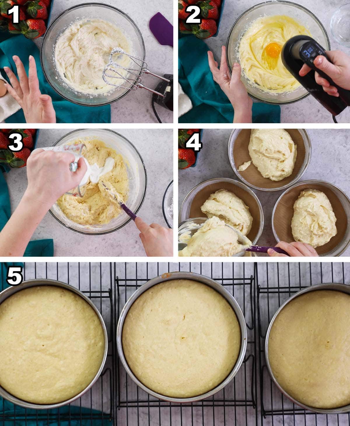 Five photos showing vanilla cake layers being prepared.