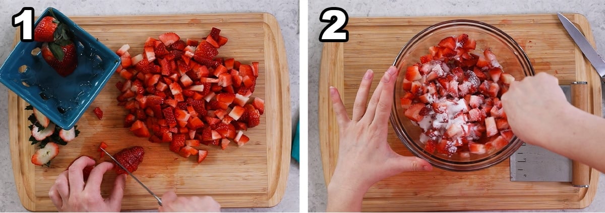 Two photos showing strawberries being chopped and combined with granulated sugar.