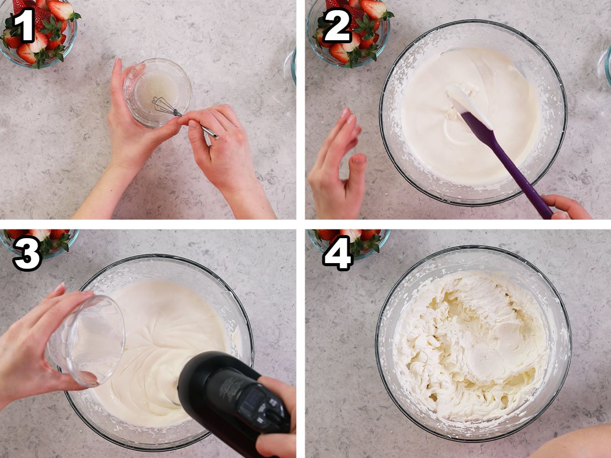 Four photos showing gelatin being poured into cream to make stabilized whipped cream frosting.