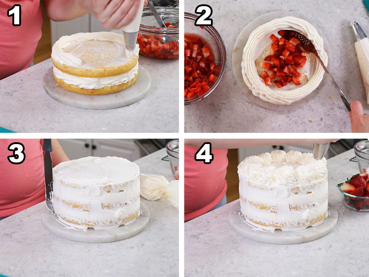 Four photos showing a strawberry shortcake cake being assembled and decorated.