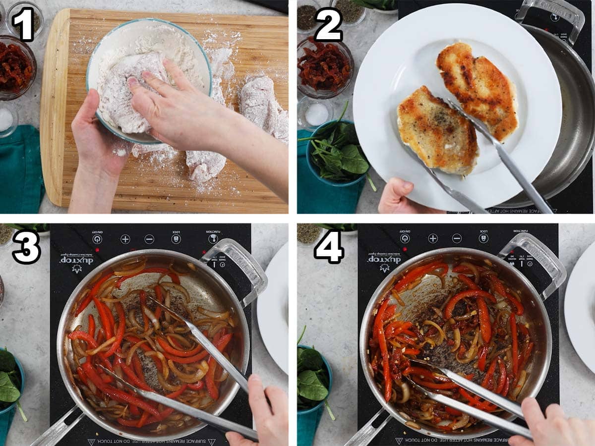 Four photos showing chicken being dredged and seared and red peppers and onions being cooked.