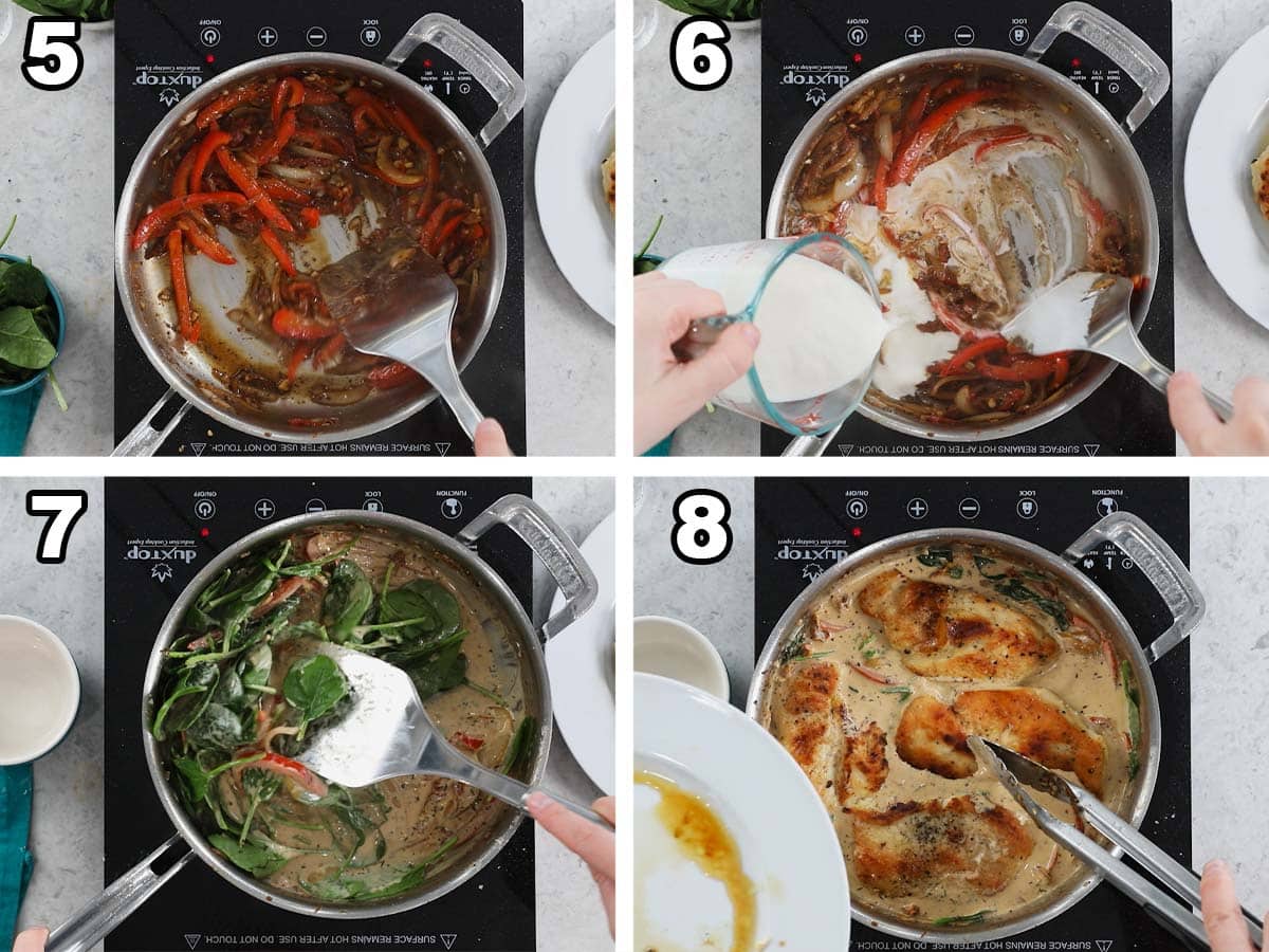 Four photos showing a cream sauce being made with red peppers, sun dried tomatoes, and spinach before chicken is added in.