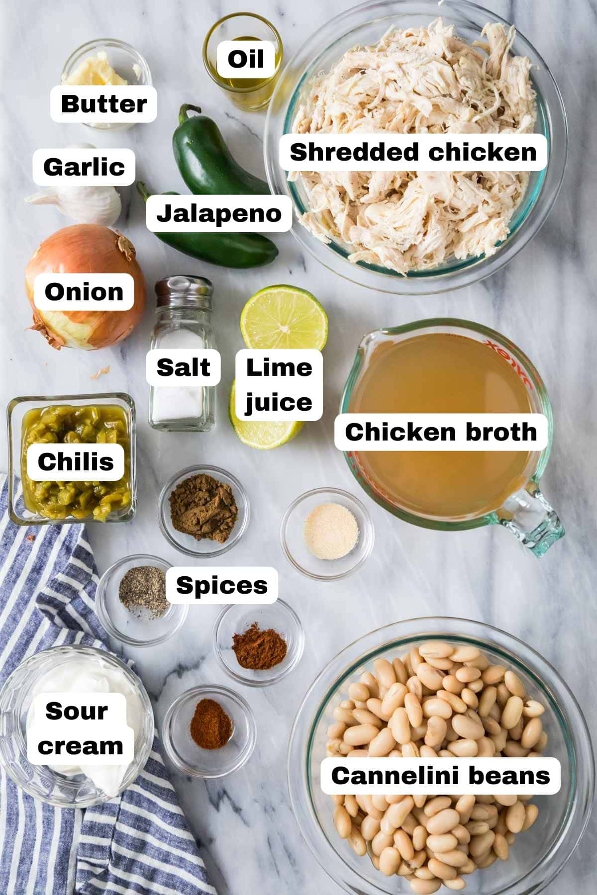 Overhead view of labelled ingredients including jalapeno, chicken, lime, and white beans.