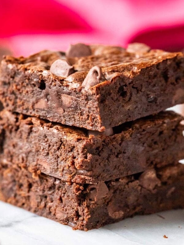 Stack of three banana brownies.