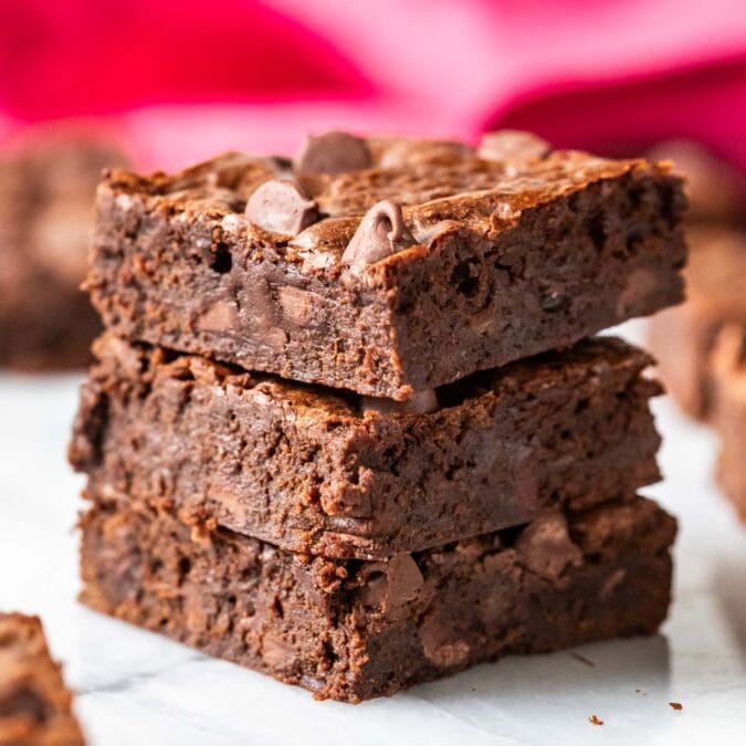 Stack of three banana brownies.