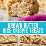 collage of brown butter rice krispie treats, top image of two bars stacked, bottom image of multiple treats cut photographed from above