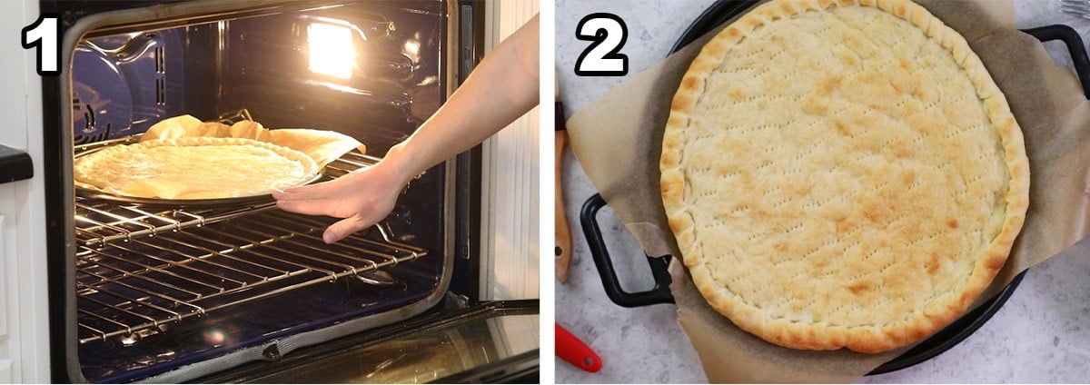 Collage of two photos showing pizza dough being parbaked.
