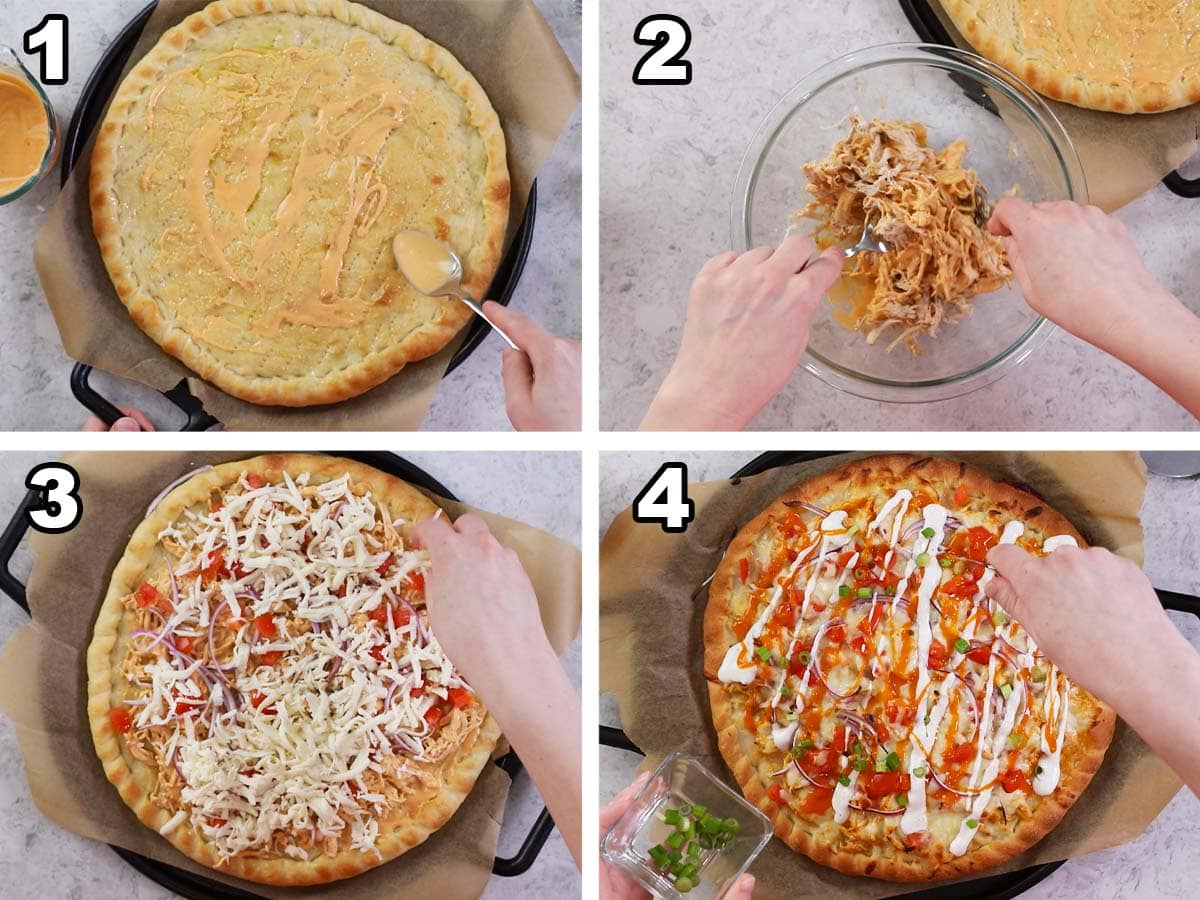 Four photos showing a pizza being topped with buffalo sauce, shredded chicken, cheese, onion and tomatoes.