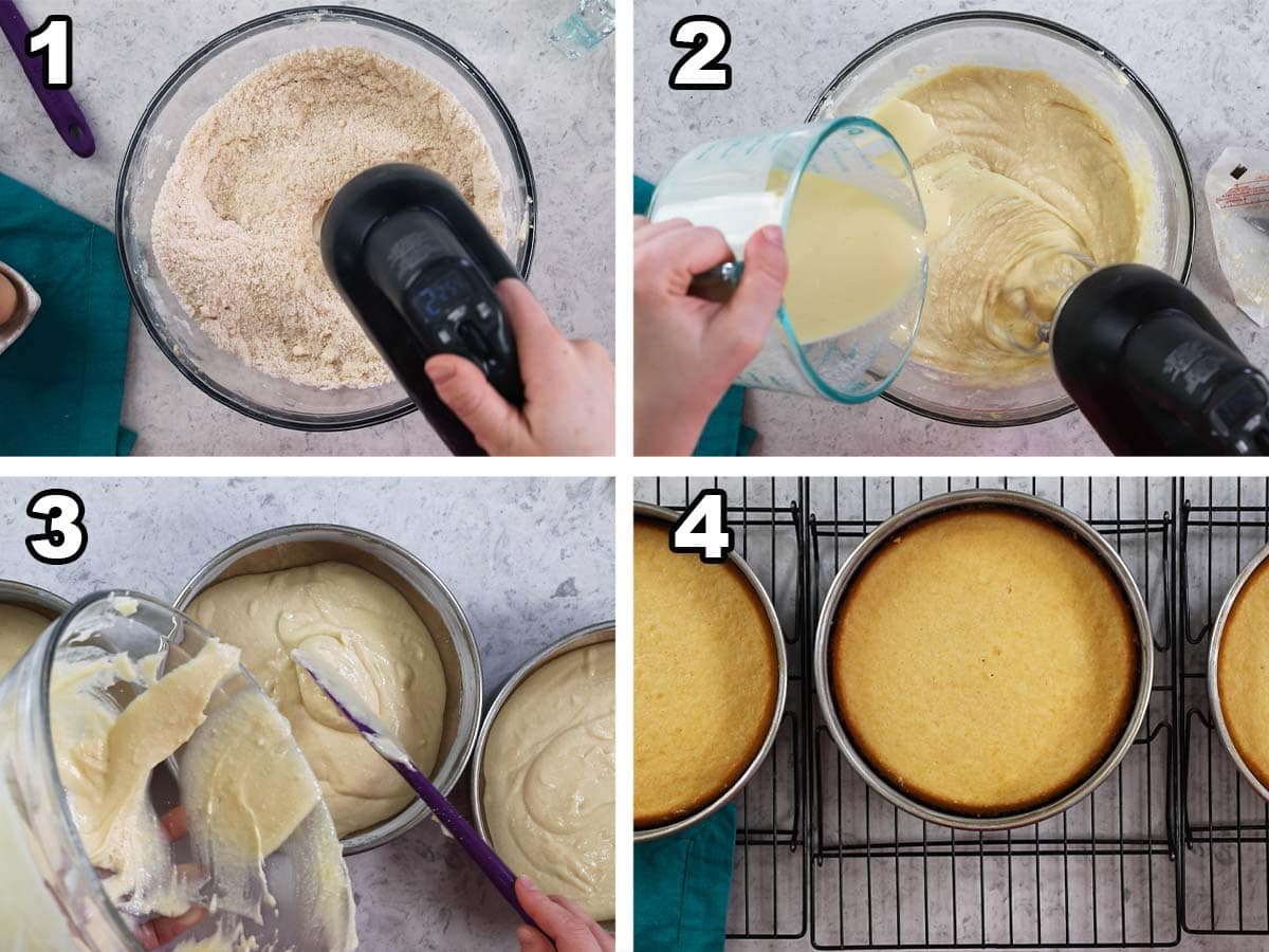 Four photos showing cake layers being prepared for a cannoli cake.