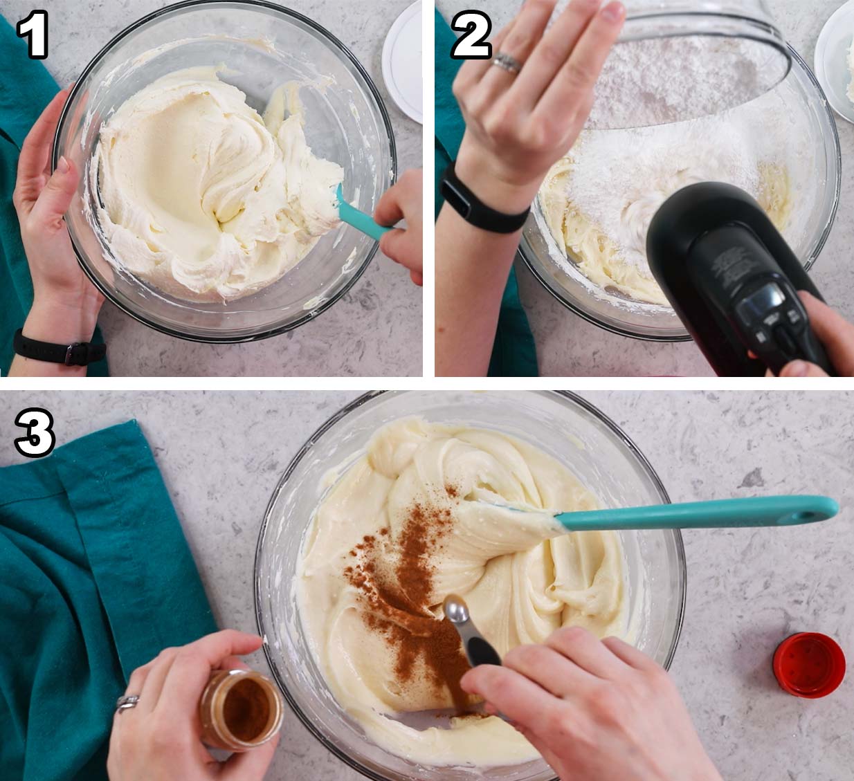 Three photos showing a ricotta and mascarpone frosting being prepared.
